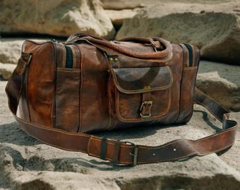 Bolsa de viaje de cuero hecha a mano: Bolsa de fin de semana de 61 cm (24") para gimnasio o para viajes.