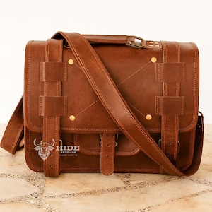 Brown Leather Messenger Bag for Men – Classic Laptop Satchel, Monogram Work Bag, Groomsmen Gift, Handmade Crossbody 3 Sizes Free Shipping