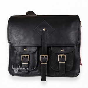 Black Leather Messenger Bag for Men – Classic Laptop Satchel, Monogram Work Bag, Groomsmen Gift, Handmade Crossbody 3 Sizes Free Shipping