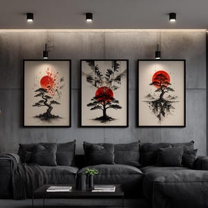 Japandi Tree Poster Set of 3 | Split Dimension Wall Art | Minimalist Red Sun Print | Modern Wall Art | Digital Download PDF