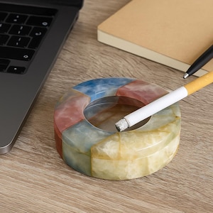 4,7&quot; x 1,6&quot; (12 x 4 cm) Handcrafted Multicolor Marble Ashtray – Round Onyx Stone Trinket Dish – Natural Stone Boho Decor