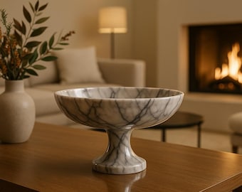 Calacatta Viola Marble Pedestal Bowl: Scalloped Fluted Decorative Centerpiece