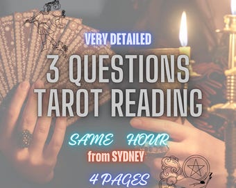 May include: Image promoting a tarot reading service. Text reads "VERY DETAILED 3 QUESTIONS TAROT READING" with additional text "SAME HOUR from SYDNEY 4 PAGES". The image includes tarot cards, candles, and decorative elements.