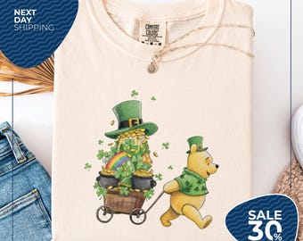Comfort Colors® St Patricks Day Winnie The Pooh Shirt | Lucky Disney Shirt | Shamrock Clover Shirt | Pot of Gold Rainbow Outfit