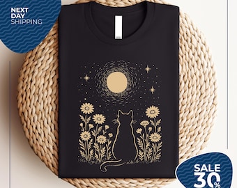 Cat Moon Shirt | Minimalist Cat Lover T-Shirt | Night Sky Floral Tee | Aesthetic Nature Top | Gift for Cat Mom | Moonlight Kitty Graphic Tee