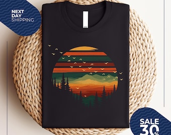 Forest Themed Shirt | Retro Pine Trees Sunset Shirt | Adventure Shirt | Nature Lover Gift | Camping Gift Shirt | Retro Forest Shirt |