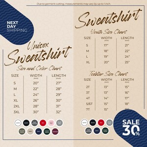 The image is a promotional flyer for a clothing store, specifically for sweatshirts and sweatshirts. It displays the sizes and color charts for two different types of sweatshirts, along with a sale offer.
