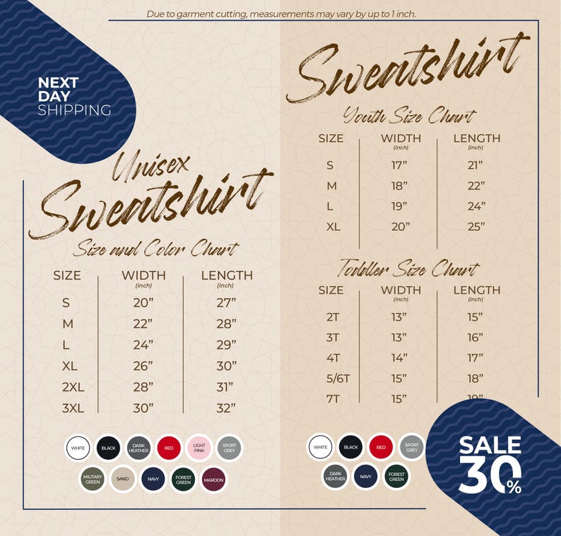 The image is a promotional flyer for a clothing store, specifically for sweatshirts and sweatshirts. It displays the sizes and color charts for two different types of sweatshirts, along with a sale offer.