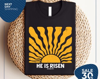 He Is Risen Retro Sun Shirt | Christian Easter Shirt | Vintage Sunrise Tee | Faith Based Shirt | Religious Graphic Tee