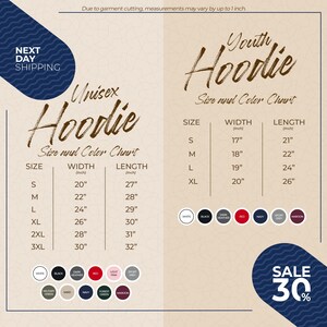 The image is a promotional graphic for a clothing brand, specifically a youth hoodie. It features a size chart for the hoodie, along with a variety of color options and a sale promotion.
