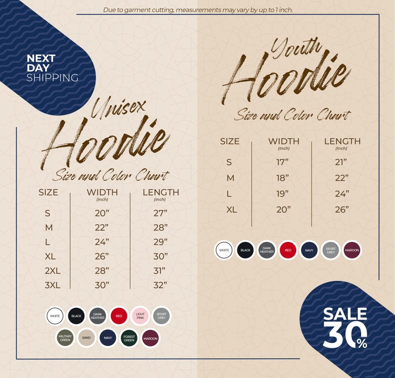 The image is a promotional graphic for a clothing brand, specifically a youth hoodie. It features a size chart for the hoodie, along with a variety of color options and a sale promotion.