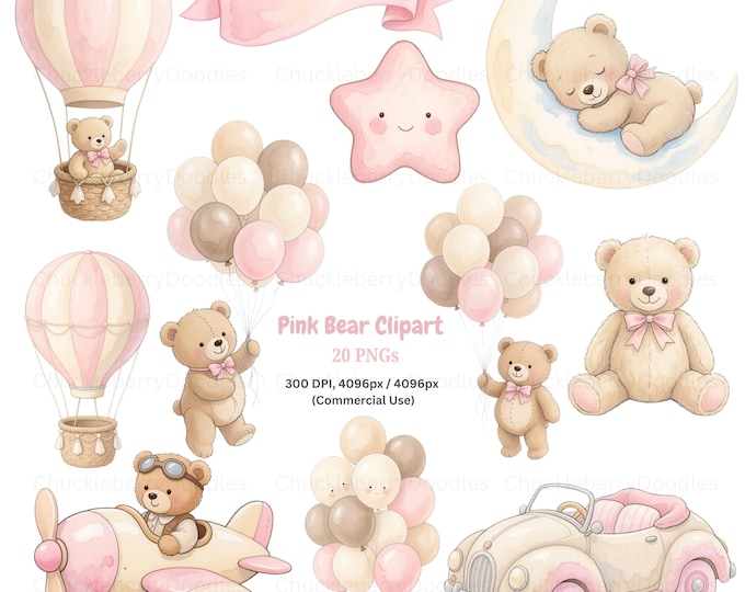 Pink Teddy Bear Clipart Bundle (20 Pngs) – Baby Girl Nursery - Pink Bow ...