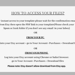 Puede incluir: Un papel blanco con texto negro que detalla c&oacute;mo acceder a los archivos despu&eacute;s de la compra. El texto incluye instrucciones para acceder a los archivos por correo electr&oacute;nico, PC y tel&eacute;fono, con una nota sobre la aplicaci&oacute;n Etsy.