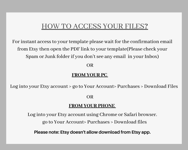 Puede incluir: Un papel blanco con texto negro que detalla c&oacute;mo acceder a los archivos despu&eacute;s de la compra. El texto incluye instrucciones para acceder a los archivos por correo electr&oacute;nico, PC y tel&eacute;fono, con una nota sobre la aplicaci&oacute;n Etsy.