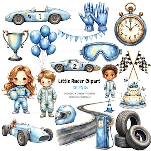 Op de afbeelding: Watercolor clipart set met raceauto's, vlaggen, een stopwatch, handschoenen en een racebaan. De set bevat illustraties van kinderen in racepakken, een helm en een taart. De tekst "Little Racer Clipart" is ook inbegrepen.