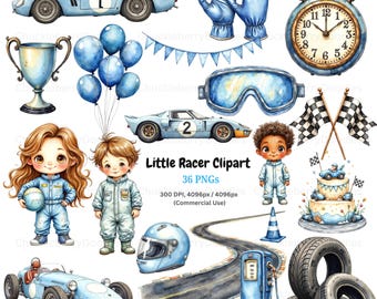 Little Racer Clipart PNG | Retro Race Car Bundle | Watercolor Racing Theme | Fast One 1st Birthday | Two Fast 2nd
