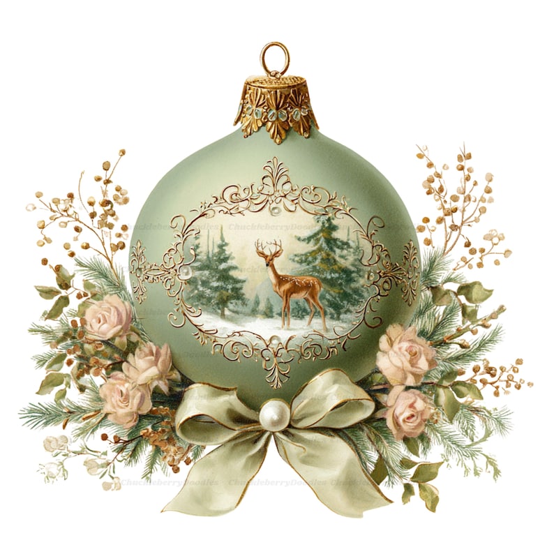 May include: A sage green Christmas ornament featuring a central oval frame with a deer in a snowy forest scene. The ornament is adorned with a gold cap, a pale green ribbon bow with a central pearl, and surrounding sprigs of pine and pale roses.
