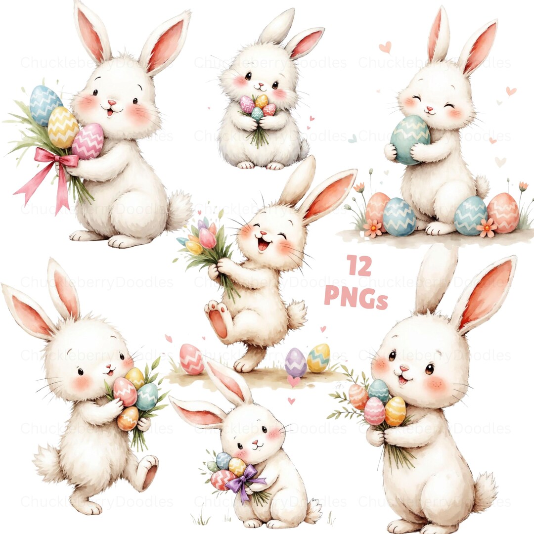 Rustic Whimsical Bunny Clipart | Rabbit With Flowers PNG | Spring ...