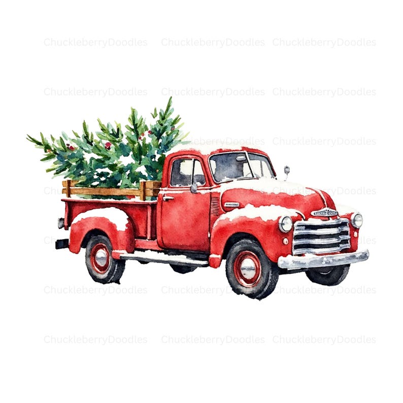 Puede incluir: Ilustraci&oacute;n en acuarela de una camioneta roja vintage que transporta un &aacute;rbol de Navidad en su caja de madera. La camioneta est&aacute; cubierta de nieve, sobre un fondo blanco. El texto "ChuckleberryDoodles" se repite en la imagen.
