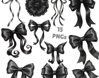 Black Bow Clipart PNG-bundel - aquarellintafbeeldingen (digitale download)