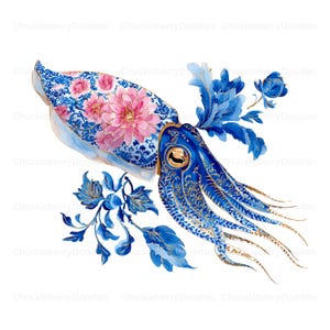 Puede incluir: Una ilustración digital de un calamar con un patrón de estilo porcelana azul y blanco con detalles florales rosados en el manto. La cabeza y los tentáculos están decorados con filigrana dorada intrincada, junto a elementos florales azules.