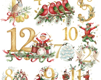 12 Tage Weihnachten Clipart PNG Bundle - druckbare Dekorationen für Kunsthandwerk, Tags, Karten