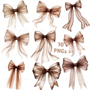 May include: A set of ten watercolour bows in shades of brown. The bows have a delicate, translucent appearance with flowing ribbons. The image includes the text "10 PNGs".