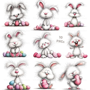 May include: Nine cartoon illustrations of fluffy white bunnies with pink ears and noses, each posed with colourful Easter eggs. The bunnies have expressive faces and are surrounded by decorated eggs.
