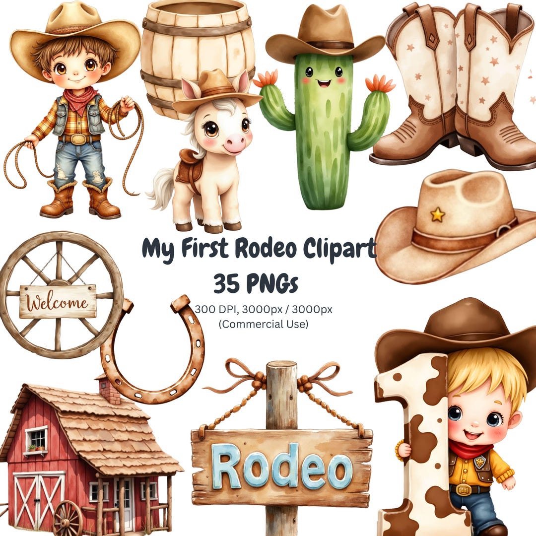 Rodeo 1st Birthday Clipart PNG : Baby Cowboy Boots & Hat Digital Art ...