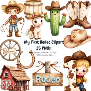 以下が含まれることがあります： ロデオをテーマにした水彩イラストのコレクション。カウボーイ、馬、サボテン、カウボーイブーツ、帽子、蹄鉄、納屋、「Rodeo」と書かれた看板が含まれています。「My First Rodeo Clipart」というテキストも表示されています。