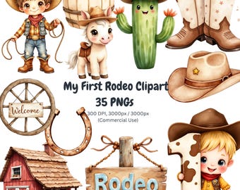 Rodeo 1e verjaardag clipart png: baby cowboylaarzen en hoed digitale kunst, aquarel westerse babyshower graphics voor uitnodigingen, decor