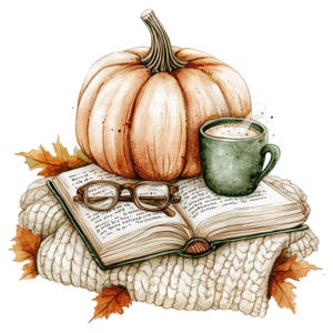 Può includere: Un'illustrazione ad acquerello raffigurante una grande zucca arancione appoggiata su un libro aperto con testo scritto a mano. Una tazza verde con una bevanda calda, occhiali con montatura marrone e un tessuto a maglia color crema con foglie autunnali.