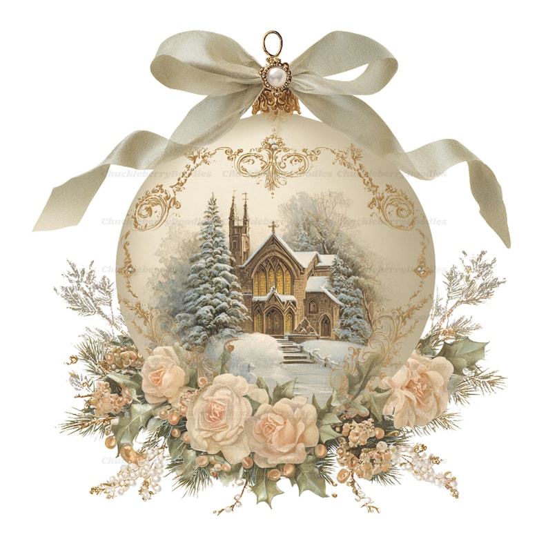 May include: A round cream-colored Christmas ornament featuring a detailed illustration of a stone church in a snowy landscape. The ornament is adorned with a gold filigree border, a cream satin ribbon bow at the top, and cream roses at the base.