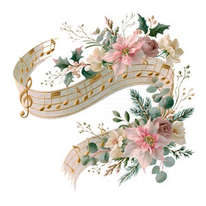 May include: A decorative illustration featuring a flowing, ribbon-like musical staff with gold notes and a treble clef, intertwined with pink poinsettias, white flowers, green holly leaves, pine branches, and eucalyptus sprigs on a white background.