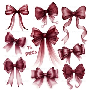 May include: A collection of nine watercolor-style bows in varying designs and shades of burgundy. The bows feature flowing ribbons and detailed textures. The image includes the text "15 PNGs".