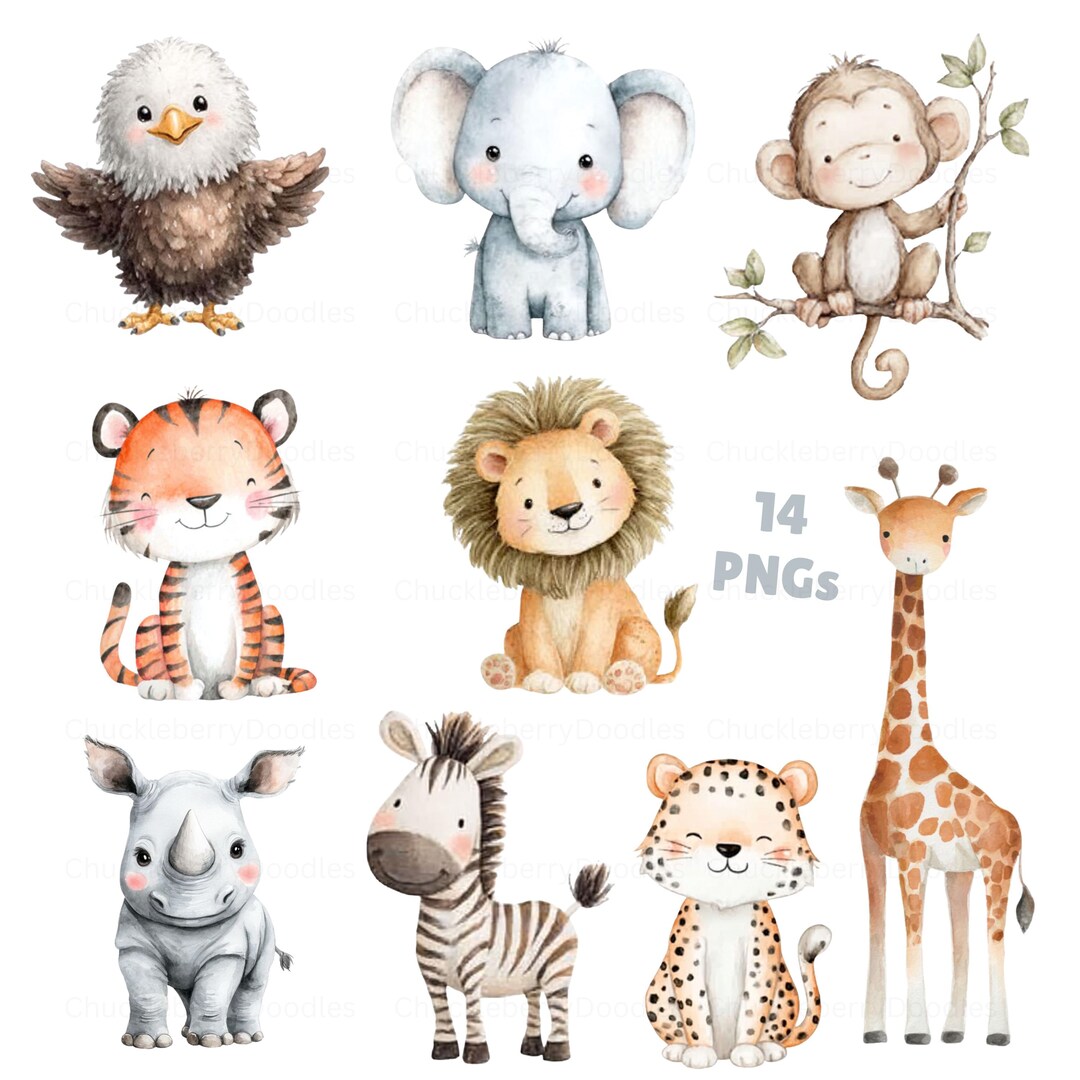Watercolor Safari Animal Clipart Bundle - Jungle Nursery (14 PNG ...