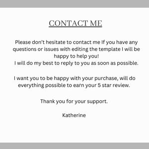Puede incluir: Una tarjeta blanca con el texto "CONTACTA CONMIGO" en la parte superior. La tarjeta incluye un mensaje sobre c&oacute;mo contactar al vendedor con preguntas y una nota de agradecimiento, firmada por Katherine.