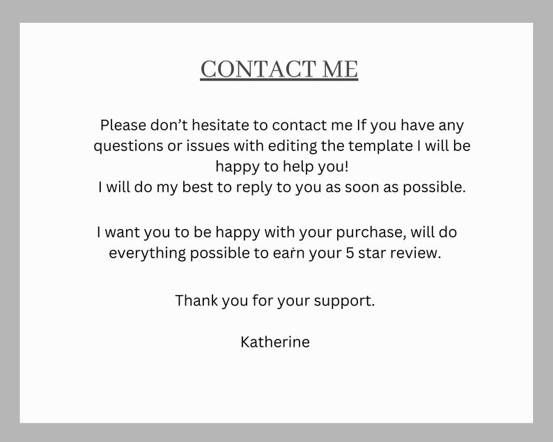 Puede incluir: Una tarjeta blanca con el texto "CONTACTA CONMIGO" en la parte superior. La tarjeta incluye un mensaje sobre c&oacute;mo contactar al vendedor con preguntas y una nota de agradecimiento, firmada por Katherine.