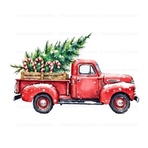 Puede incluir: Ilustraci&oacute;n en acuarela de un cami&oacute;n rojo vintage que transporta un &aacute;rbol de Navidad y bastones de caramelo. El cami&oacute;n est&aacute; cubierto de nieve, creando una escena festiva.