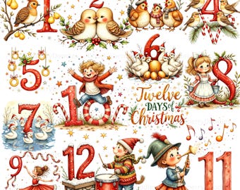 12 Tage Weihnachten Clipart PNG Bundle - Aquarell Illustrationen - Festliche digitale Kunst für Kunsthandwerk, Karten und Dekor