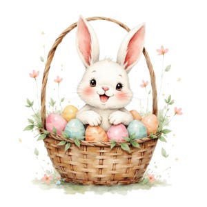May include: Watercolor illustration of a white bunny with pink-lined ears, nestled in a woven basket filled with colorful Easter eggs. The bunny has a happy expression, surrounded by greenery and small pink flowers.