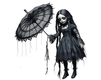 Creepy Gothic Doll Clipart: Spooky Victorian PNG Graphics (Digital Download)