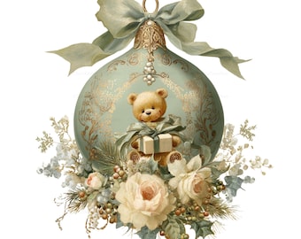 May include: A sage green Christmas ornament featuring a central illustration of a tan teddy bear holding a small gift. The ornament is adorned with gold filigree patterns, a sage green ribbon bow at the top, and a base of cream roses and pine needles.
