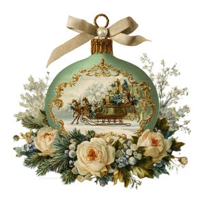May include: A sage green round Christmas ornament featuring a gold ornate frame surrounding a scene of a horse-drawn sleigh carrying gifts. The ornament is topped with a beige ribbon bow and decorated at the base with white roses and pine.