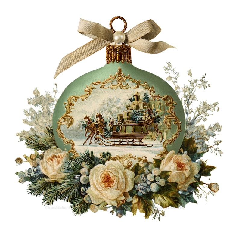 May include: A sage green round Christmas ornament featuring a gold ornate frame surrounding a scene of a horse-drawn sleigh carrying gifts. The ornament is topped with a beige ribbon bow and decorated at the base with white roses and pine.
