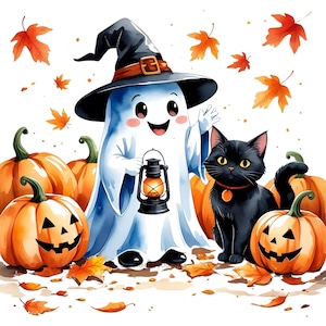 10 Cute Halloween Ghost Clipart PNG Bundle - Adorable Spooky Ghost Digital Art - Kawaii Ghost Graphics for Decor, Crafts & Invites 06