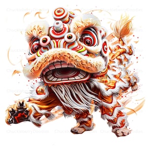 May include: A vibrant illustration of a traditional Chinese Lion Dance costume. The lion features a large, expressive face with red eyes, a wide open mouth, and a fluffy, detailed mane in shades of orange, white, and red. The image has a festive, celebratory feel.