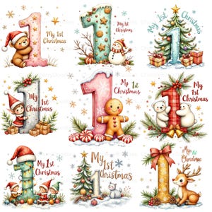 Puede incluir: Nueve diseños de acuarela con el número "1" con temas navideños. Cada diseño incluye el texto "My 1st Christmas" y elementos festivos como un oso de peluche, un muñeco de nieve, un elfo, un hombre de jengibre, osos polares, un árbol de Navidad y un reno. Copos de nieve y estrellas están dispersos.