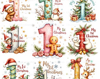 Set de 18 imágenes prediseñadas de acuarela "Mi primera Navidad" - Bebé Navidad PNG (Descarga digital)