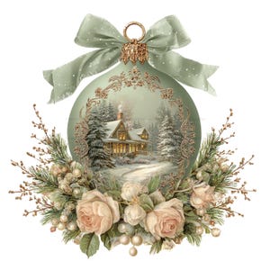 May include: A sage green Christmas ornament featuring a central illustration of a snow-covered cabin in a forest. The ornament is framed by an ornate gold border, topped with a matching sage green ribbon bow, and accented with pale pink roses and pine.